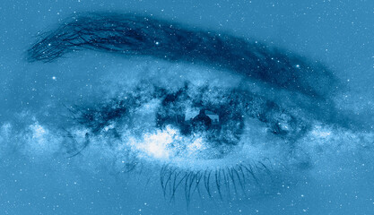 Wall Mural - milky way galaxy in the eye of a frightened girl