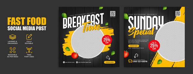 fast food restaurant business marketing social media post or banner template design with abstract ge