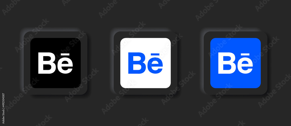 behance logo icon in blue square button and black neumorphism buttons ...