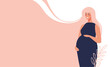 Beautiful modern young pregnant woman on a pink background. Vector concept banner about pregnancy and motherhood. Mom hugs her belly and waits for the baby to be born.