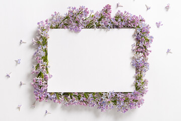 Beautiful lilac flowers frame and copy space for text on white background. Springtime, greeting card, poster, floral design. Flat lay. Creative spring banner, promotion