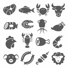 Meat And Seafood Icons Set On White Background