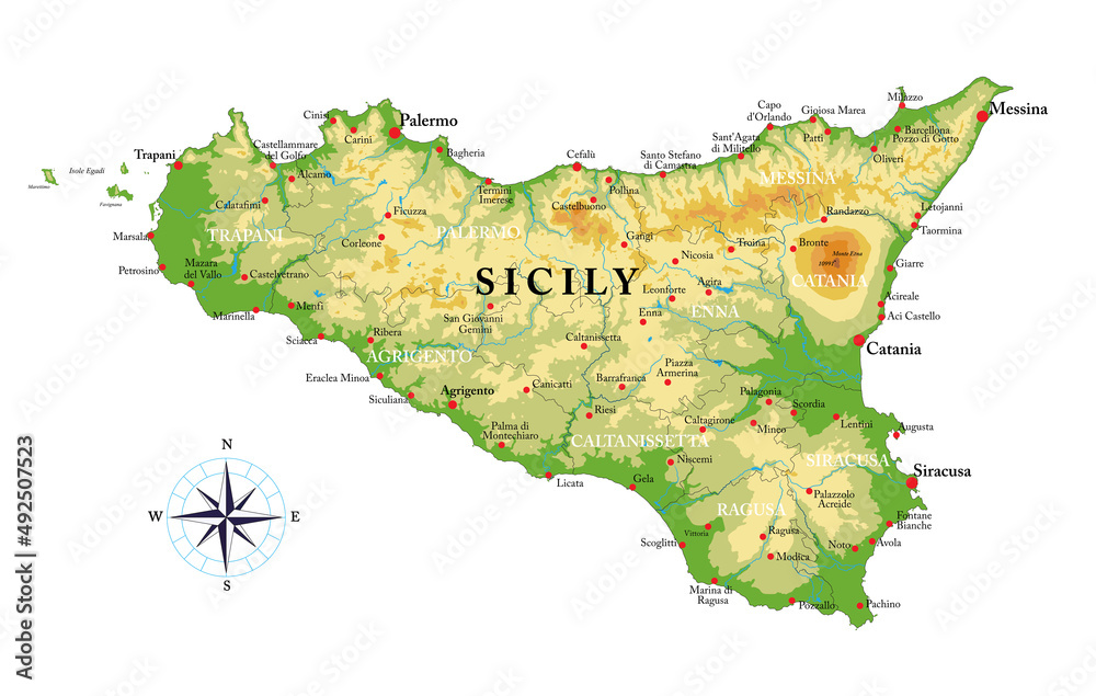 Sicily Highly Detailed Physical Map Stock Vector Adobe Stock 1000 F 492507523