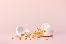 Creative Easter Concept. Broken Egg With Mimosa Flowers On Pink Gradient Background