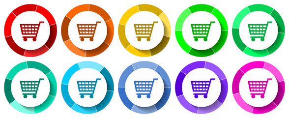 Poster - Shop, cart icon set, store flat design vector illustration in 10 colors options for mobile applications and webdesign