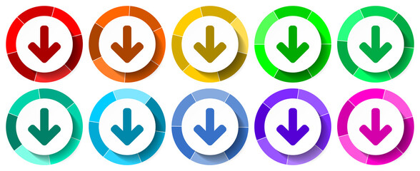 Aufkleber - Arrow down icon set,  flat design vector illustration in 10 colors options for mobile applications and webdesign
