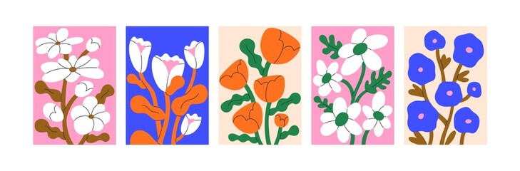 Fototapete - Posters with abstract flowers. Matisse-inspired floral paintings set. Trendy contemporary wall art. Vertical placards for interior design and decor. Modern artworks. Colored flat vector illustrations