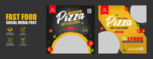 Fast Food Restaurant Business Marketing Social Media Banner Post Template With Abstract Background, Logo And Icon. Online Sale Promotion Flyer Or Web Poster For Fresh Pizza And Vegetable Burger.      