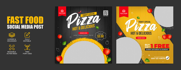 Wall Mural - Fast food restaurant business marketing social media banner post template with abstract background, logo and icon. Online sale promotion flyer or web poster for fresh pizza and vegetable burger.      