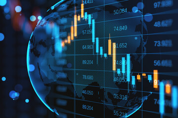 Wall Mural - Abstract falling candlestick forex chart and globe on blurry dark index grid background. Finance and crisis concept. 3D Rendering.