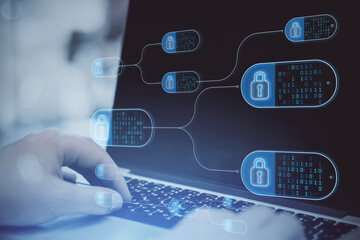Poster - Close up of male hands using notebook with abstract big data and security nodes on blurry background. Technology, web safety and programming concept. Double exposure.