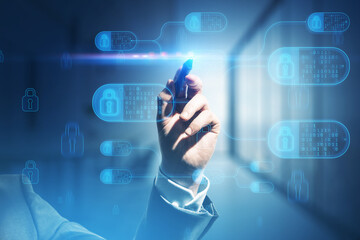 Poster - Close up of hand with pen pointing at abstract big data and security nodes hologram on blurry background. Technology, web safety and programming concept. Double exposure.