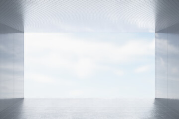 Poster - Empty concrete interior with bright daylight and mock up place on wall. Gallery and living concept. Sky view. 3D Rendering.