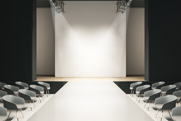 Aufkleber - Modern concrete auditorium interior with seats, runway and empty mock up place on wall. Presentation and fashion concept. 3D Rendering.