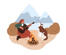 Woman Playing Guitar And Singing Song With Dog Howling By Campfire Outdoors. Person Alone With Nature, Fire And Music. Female Sitting By Bonfire. Flat Vector Illustration Isolated On White Background