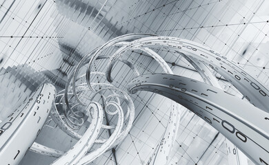 Fototapete - Streaming data of digital mega corporations. Cyber business and crypto analytics. 3D illustration of nano funnels generating structural software codes