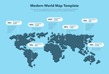 Poster - Modern world map template with pointer marks and statistics - blue version. Easy to use for your design or presentation.