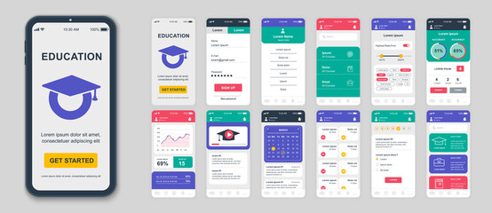 Fototapete - Set of UI, UX, GUI screens Education app flat design template for mobile apps, responsive website wireframes. Web design UI kit. Education Dashboard.