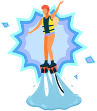 Young Woman With Long Blonde Hair Flyboarding. New Spectacular Extreme Water Sports. Seaside Leisure, Beach And Recreation Concept. Girl In Jet Boots Flies Over Water. Flyboard, Sports For Happy Lady