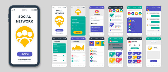 Poster - Set of UI, UX, GUI screens Social Network app flat design template for mobile apps, responsive website wireframes. Web design UI kit. Social Network Dashboard.