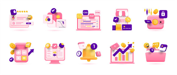 Wall Mural - 3d business icon set. trendy illustrations of digital business, marketing, data analysis, social med