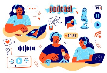 Wall Mural - Podcast recording icons and people. Radio program participants in studio, audio show making, persons with headphone and microphone, online entertainment vector cartoon flat isolated set