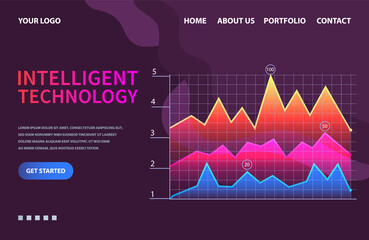Poster - Intelligent technology hud interactive panel. Data screen with charts, diagrams. Futuristic ui infographics on dark background. Diagram lines color chart, graph presentation. Annual financial report