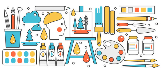 Poster - Creative art studio or school, craft hobby. Artist with materials and linear stuff tools for painting, stationery easel and brush, palette in infographic education concept banner, thin line art design