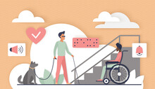 Help, Care And Assistance For People With Physical Disability. Free Access And Ramp At Entrance Of Building For Person In Wheelchair, Dog Guide For Man With Impaired Vision Flat Vector Illustration