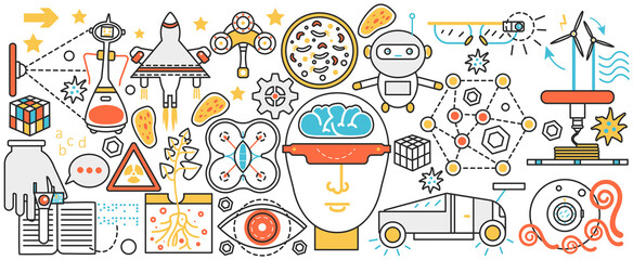 Poster - Future technology, artificial intelligence. Futuristic robots, augmented reality of vr glasses, driverless car and smart industry innovation in infographic concept banner, thin line art design