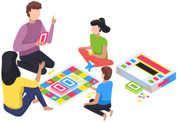 Happy children playing board game with parents, have fun at home. Family entertainment. People sit together on floor play strategical games. Parents and kids in everyday life spend time together