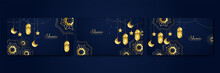 Set Of Beautiful Realistic Blue Islamic Ramadan Kareem Design Background With Mandala Pattern, Hanging Lantern, Moon, And Star.