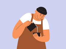 Happy Barista Making Coffee Latte Art. Handsome Male Character Preparing Cappuccino In Coffeehouse. Man In Apron And Beanie Hat Pouring Milk From Pitcher Into Cup. Coffee Lover Vector Illustration