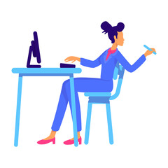 Wall Mural - Confident office lady sitting at table semi flat color vector character. Full body person on white. Businesswoman. Modern woman simple cartoon style illustration for web graphic design and animation