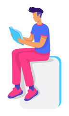 Poster - Male teenager with book sitting on white block semi flat color vector character. Full body person on white. Reading fiction simple cartoon style illustration for web graphic design and animation