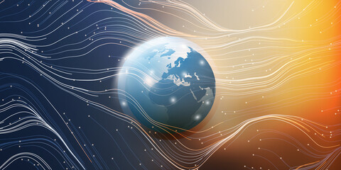 Poster - Futuristic Abstract Colorful Modern Style Global Networks, Telecommunications Concept Design with Glowing Nodes on a Sunlit Earth Globe in Space, Starry Sky and Flowing 3D Waves of Energy Around