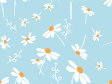 Seamless Pattern With Daisy Flower On Blue Background Vector Illustration.