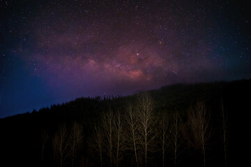 Wall Mural - Landscape with Milky Way. Night sky with stars on the mountain,