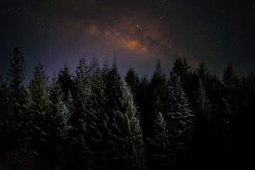 Wall Mural - Landscape with Milky Way. Night sky with stars on the mountain,