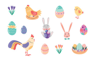  Easter set with hens, rooster, chicken, eggs and rabbits . Vector illustration of colorful Easter elements.