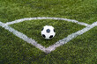 classic pentagonal black and white ball on football or soccer field with artificial grass