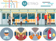 © robu_s - Metro station and passenger train vector illustration. Set with seats, train driver, extinguisher for website infographics. People inside high speed public transport. Passengers travel in subway car