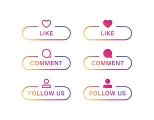 Wall Mural - notification icons in gradient line frame -  like love comment follower icon in outline frames. follow us label banner with user icon, comment speech bubble, love banners
