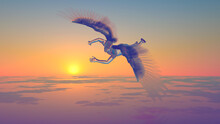 3d Illustration Of An Angel's Flight Against The Background Of Sunrise