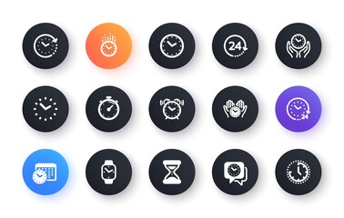 Poster - Time and clock icons. Timer, Alarm and Smartwatch. Time management, 24 hour clock, deadline alarm icons. Sand hourglass, smartwatch, timer stopwatch. Classic set. Circle web buttons. Vector