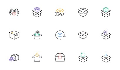 Poster - Box line icons. Package, delivery boxes, cargo box. Cargo distribution, export boxes, return parcel icons. Shipment of goods, open package. Linear set. Bicolor outline web elements. Vector