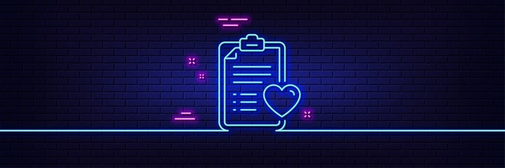 Wall Mural - Neon light glow effect. Medical survey line icon. Hospital patient history sign. 3d line neon glow icon. Brick wall banner. Patient history outline. Vector