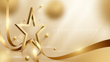 Fototapeta  - 3d gold star background with ribbon element and ball with glitter light effect and bokeh decoration. Luxury award ceremony concept.