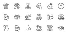 Outline Set Of People Talking, Electric App And Fair Trade Line Icons For Web Application. Talk, Information, Delivery Truck Outline Icon. Include Chat App, Mindfulness Stress, User Info Icons. Vector