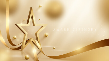 3d gold star background with ribbon element and ball with glitter light effect and bokeh decoration.